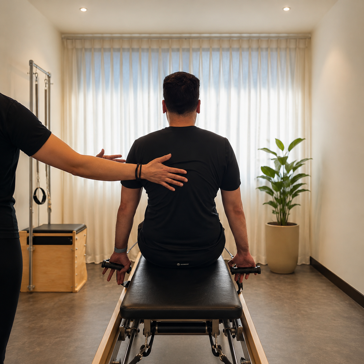 Mujer realizando un ejercicio de fuerza controlado en un reformer de Pilates